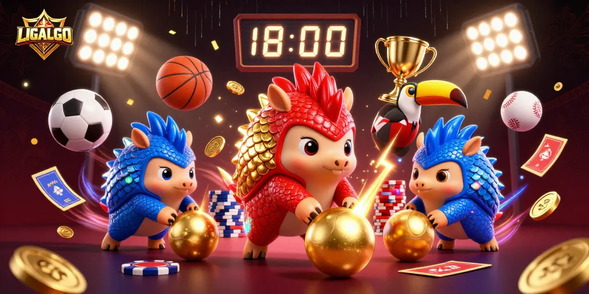 LIGALGO pangolins engaging in a vibrant, competitive casino environment filled with gaming elements and sports balls.