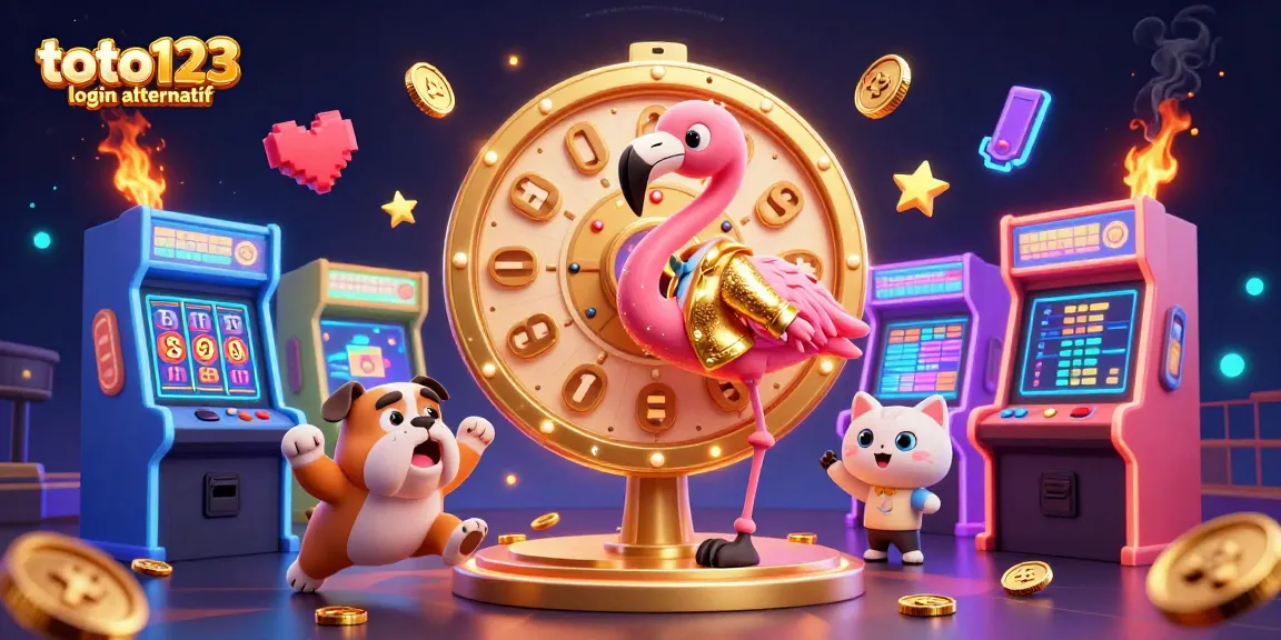 Toto123 login alternatif presents an exciting lottery scene with vibrant characters and dynamic gaming elements.