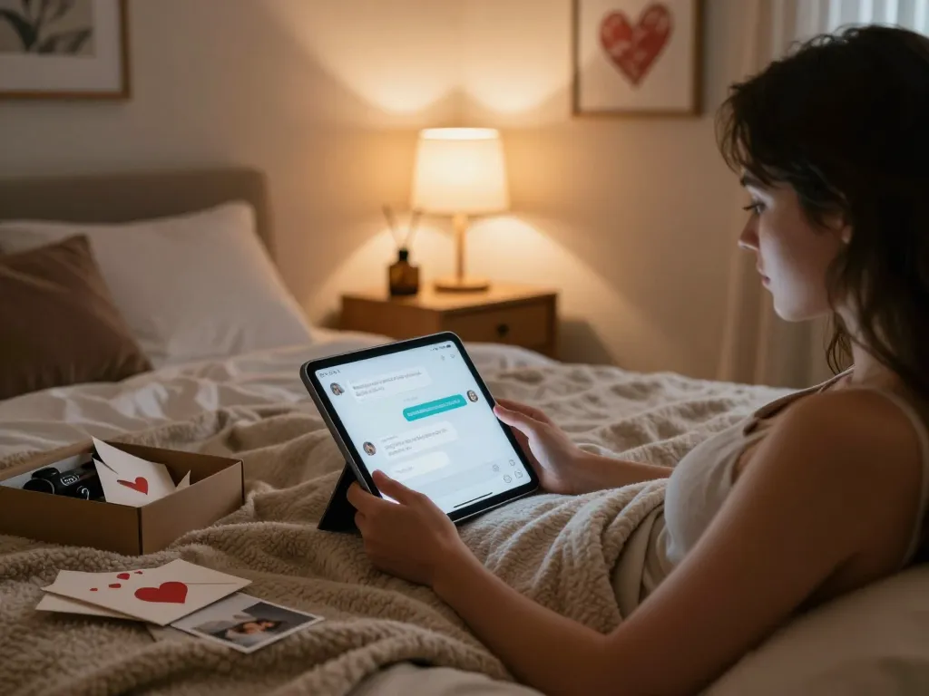 Exploring ai sexting through a warm bedroom scene with a chatbot on a tablet, love letters, and a cozy atmosphere