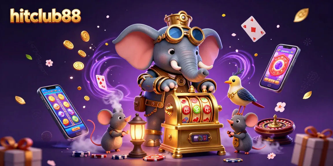 Engage with hitclub88's thrilling slots through a lively steampunk-themed illustration depicting immersive casino action.