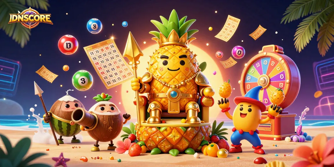 IDNSCORE displays vibrant gambling elements with a golden pineapple king and dynamic lottery balls.