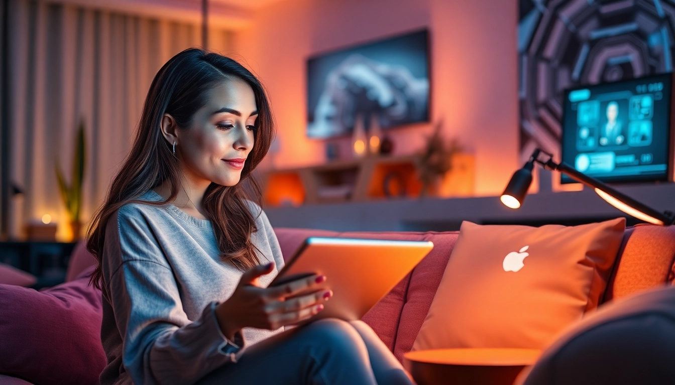 Engaging scene of a woman interacting with her AI companion, illustrating the concept of crush on ai.