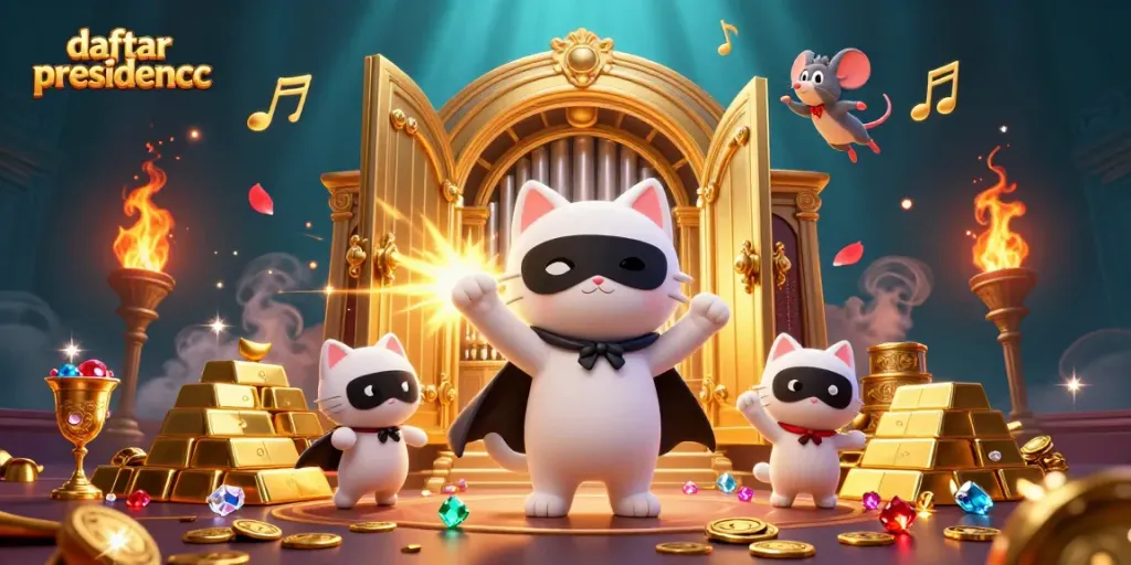 Experience thrilling wins at daftar presidencc in this lively casino scene featuring a masked feline at the organ.