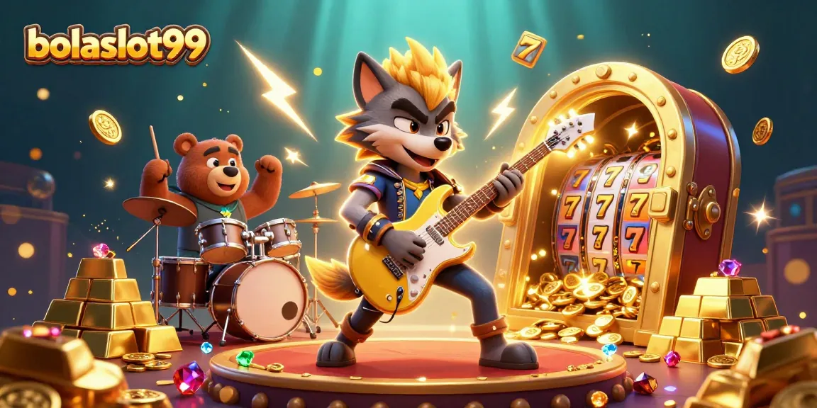 Engage in thrilling gaming excitement with bolaslot99 featuring a rock star wolf and drummer bear.