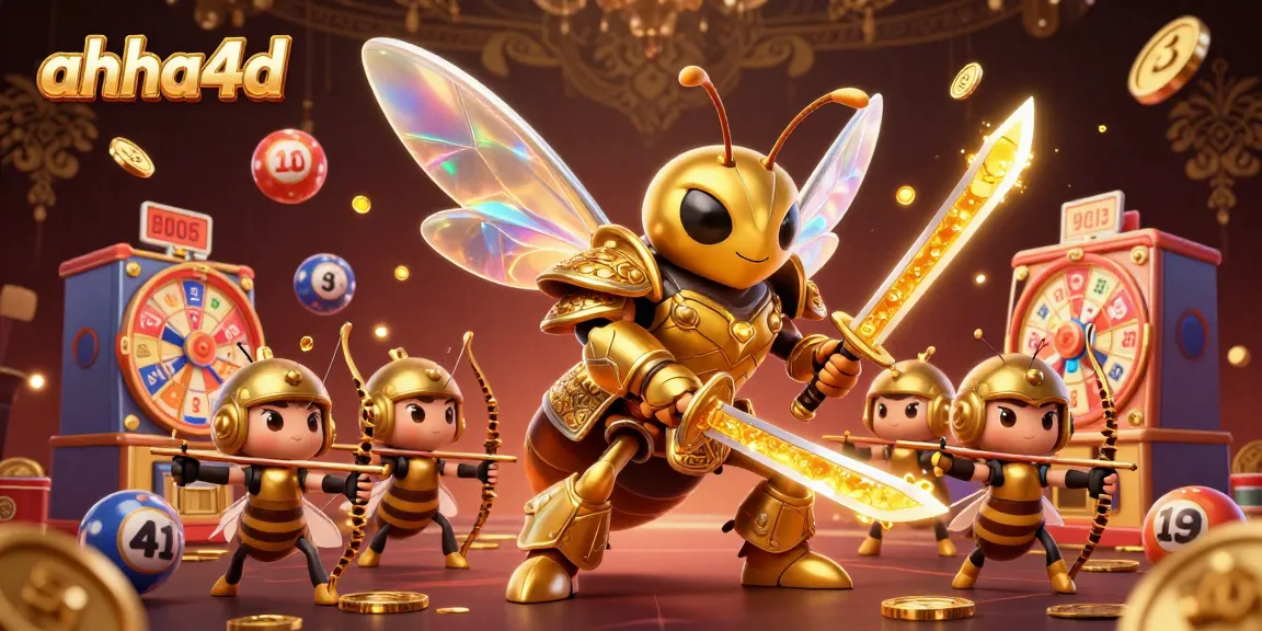 Engage with ahha4d lottery action featuring a giant hornet samurai amidst vibrant game elements and prizes.
