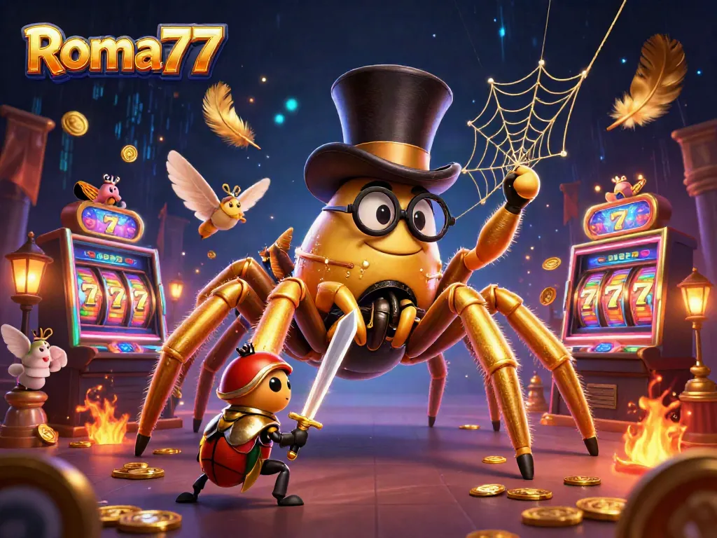 Experience the excitement of Roma77 with a dynamic illustration of a golden tarantula weaving a web of luck amidst spinning slot reels and gold coins.