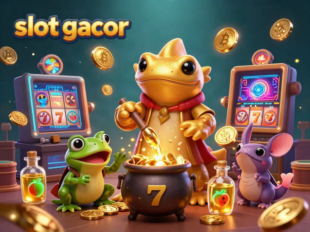Experience the excitement of slot gacor with magical characters amidst golden coins and vibrant casino elements.