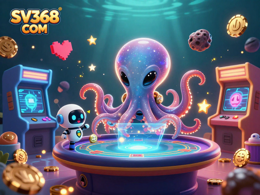 Engage with high-stakes excitement using SV368 COM as a vibrant octopus and robot tackle poker in a thrilling underwater scene.