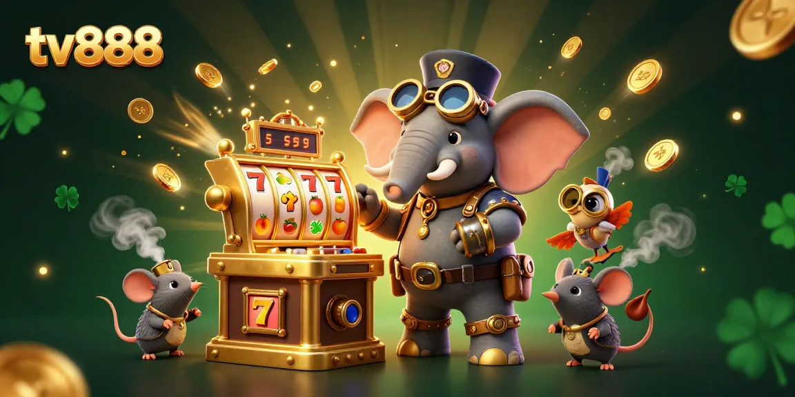 tv888 showcases thrilling slot games featuring a steampunk elephant engineer operating a golden machine amidst dynamic gambling elements.