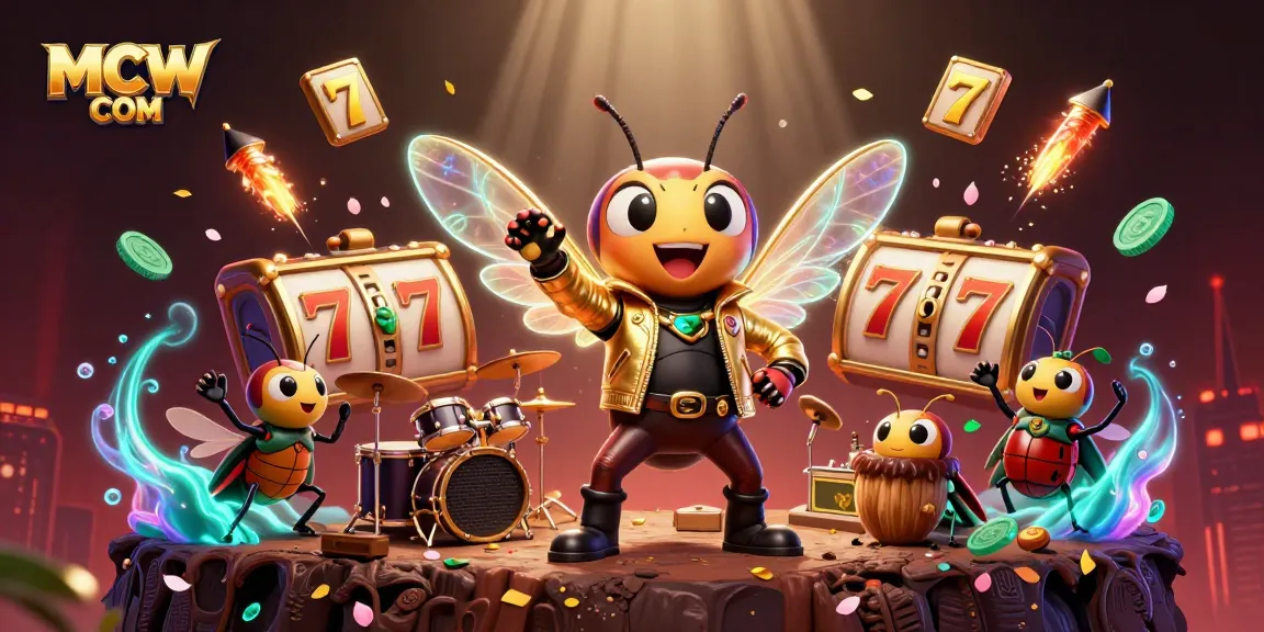 Spin the reels with MCW COM in vibrant 3D illustration showcasing a cicada rock star and a beetle drummer.
