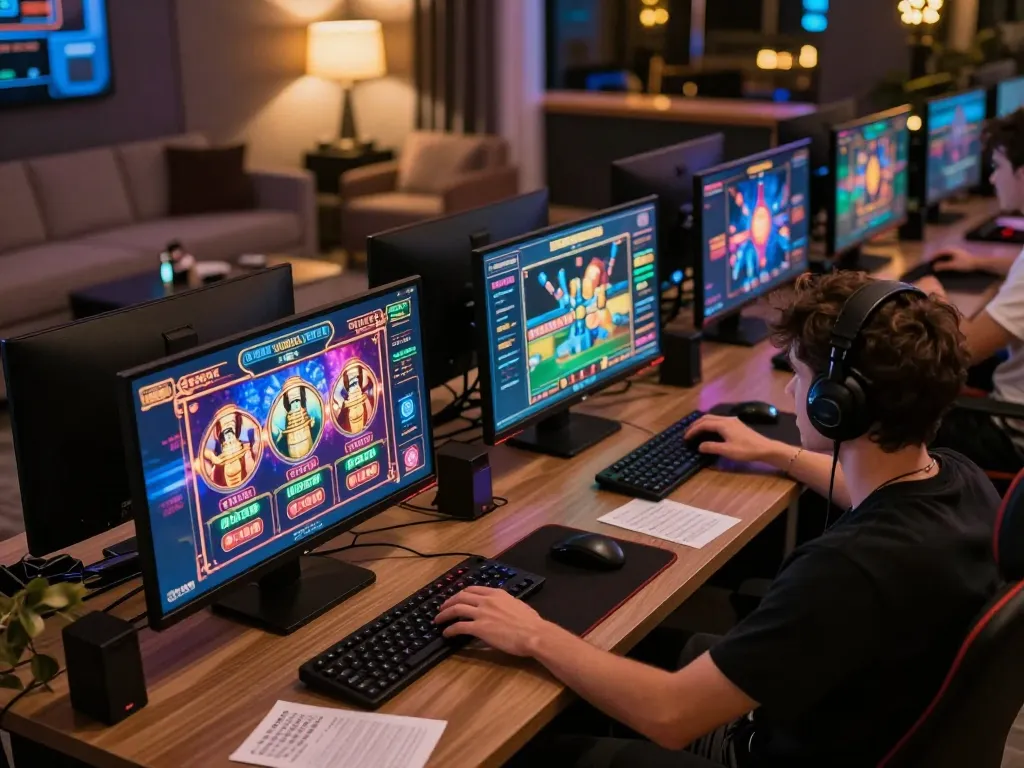 IDCJOKER player engaging with immersive online slots on multiple screens for winning strategies.