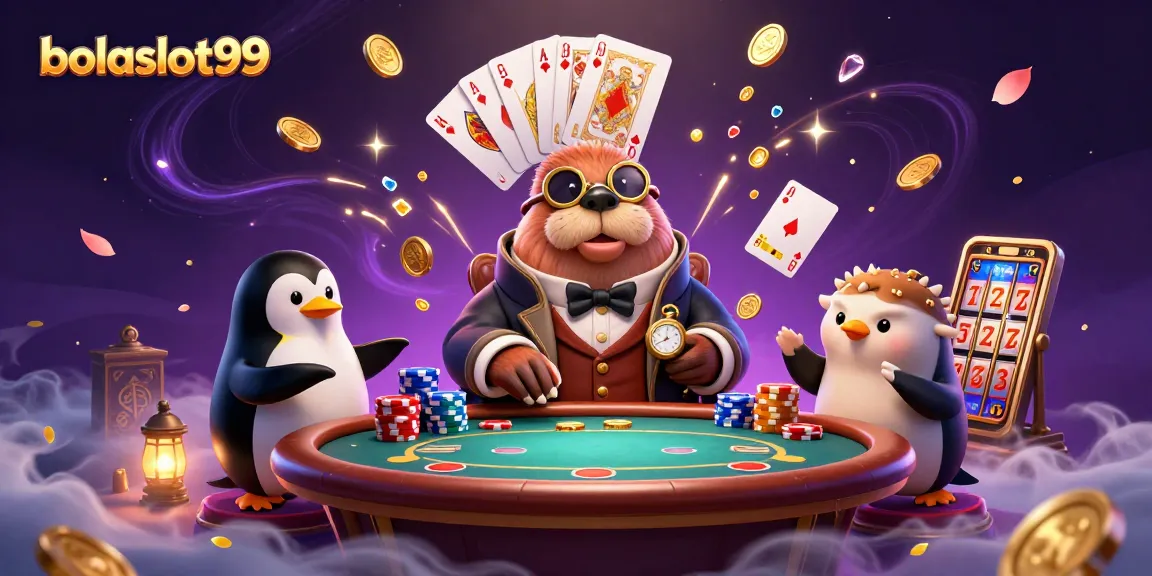 bolaslot99 showcases a jolly walrus playing poker in an enchanting underwater casino.