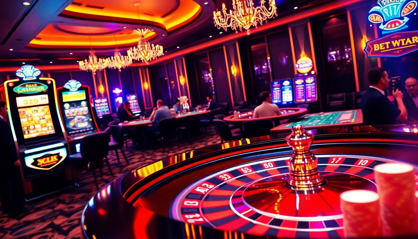Exciting casino scene at https://78wins.io/ featuring roulette, poker, and slot machines.