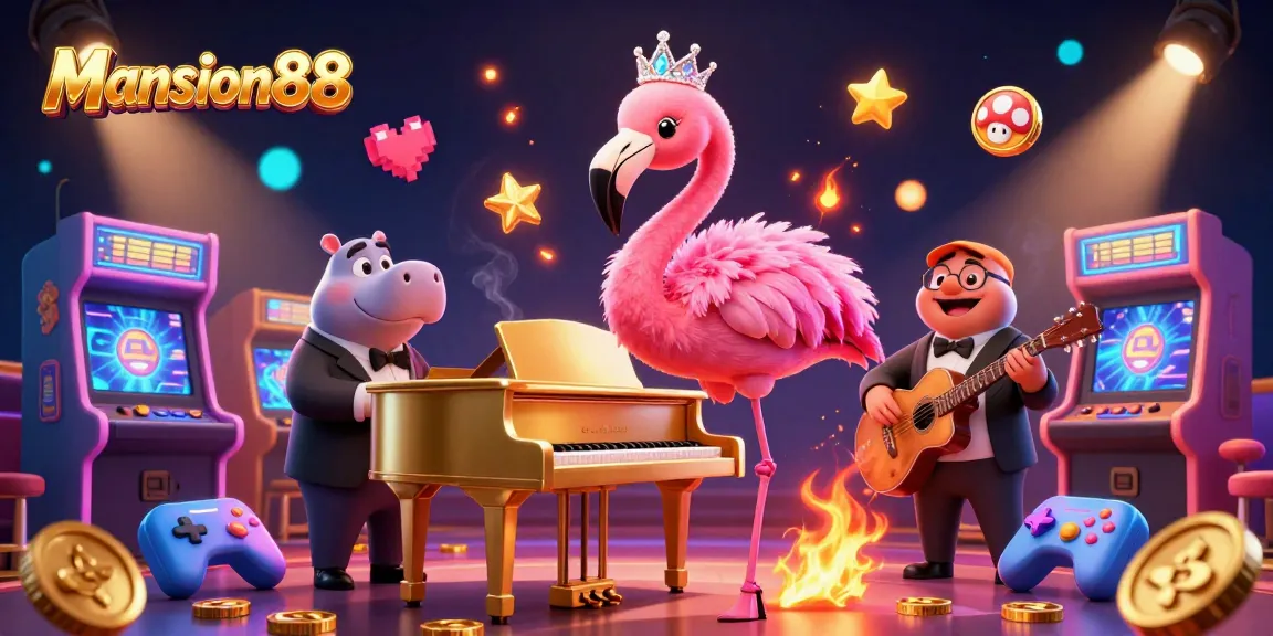 Mansion88 casino illustration showcasing a flamingo singer and hippo bassist immersed in gaming excitement.