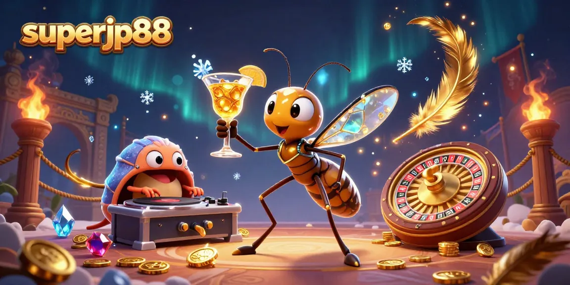 Engage with superjp88 at a vibrant casino scene filled with dynamic characters and festive elements.