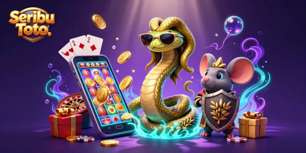 Win big with Seribu Toto featuring a friendly Medusa and a stone-shield mouse in a colorful casino scene.