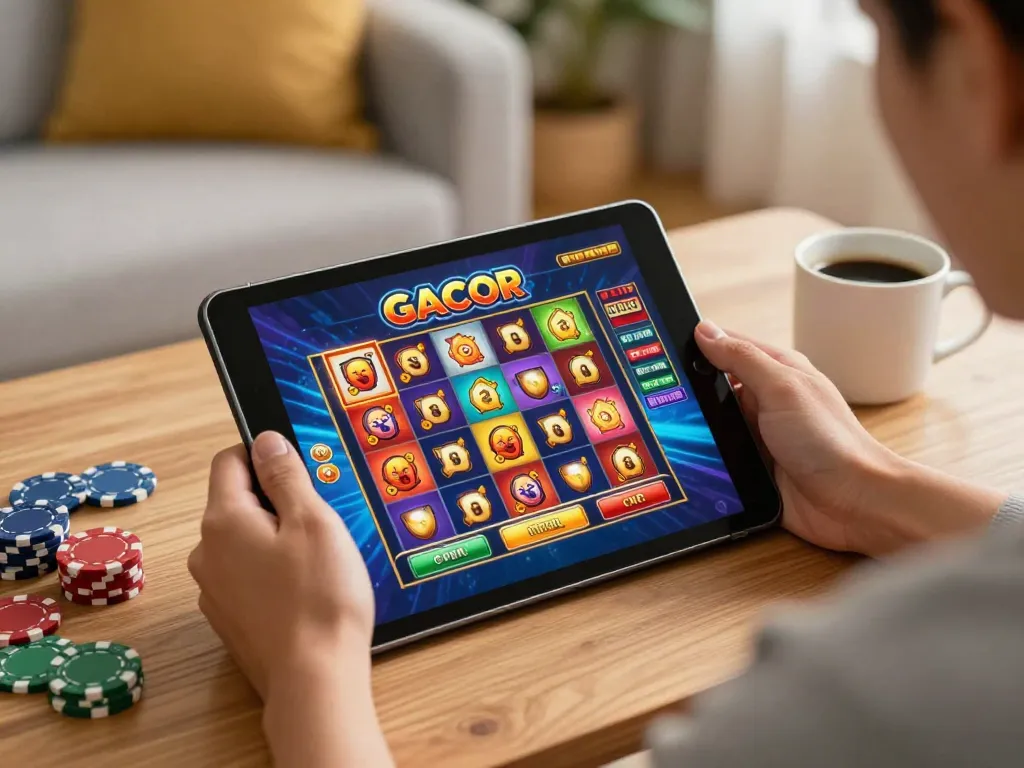Engaging in slot gacor gameplay on a tablet at home, showcasing vibrant interface and cozy atmosphere.