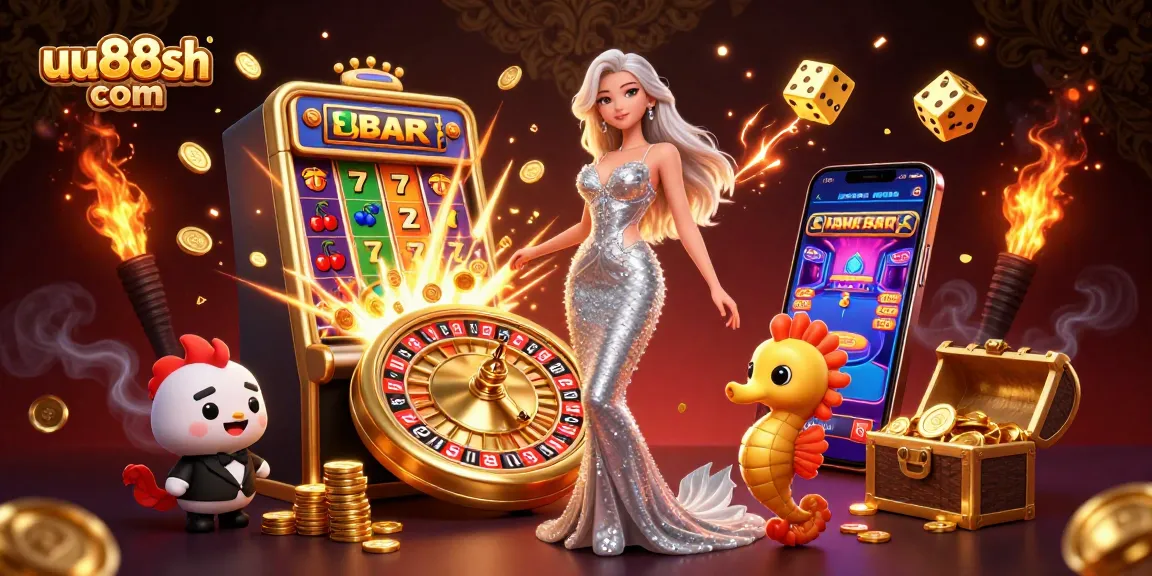 Experience thrilling moments at uu88sh com with colorful slot games and a dazzling roulette wheel.