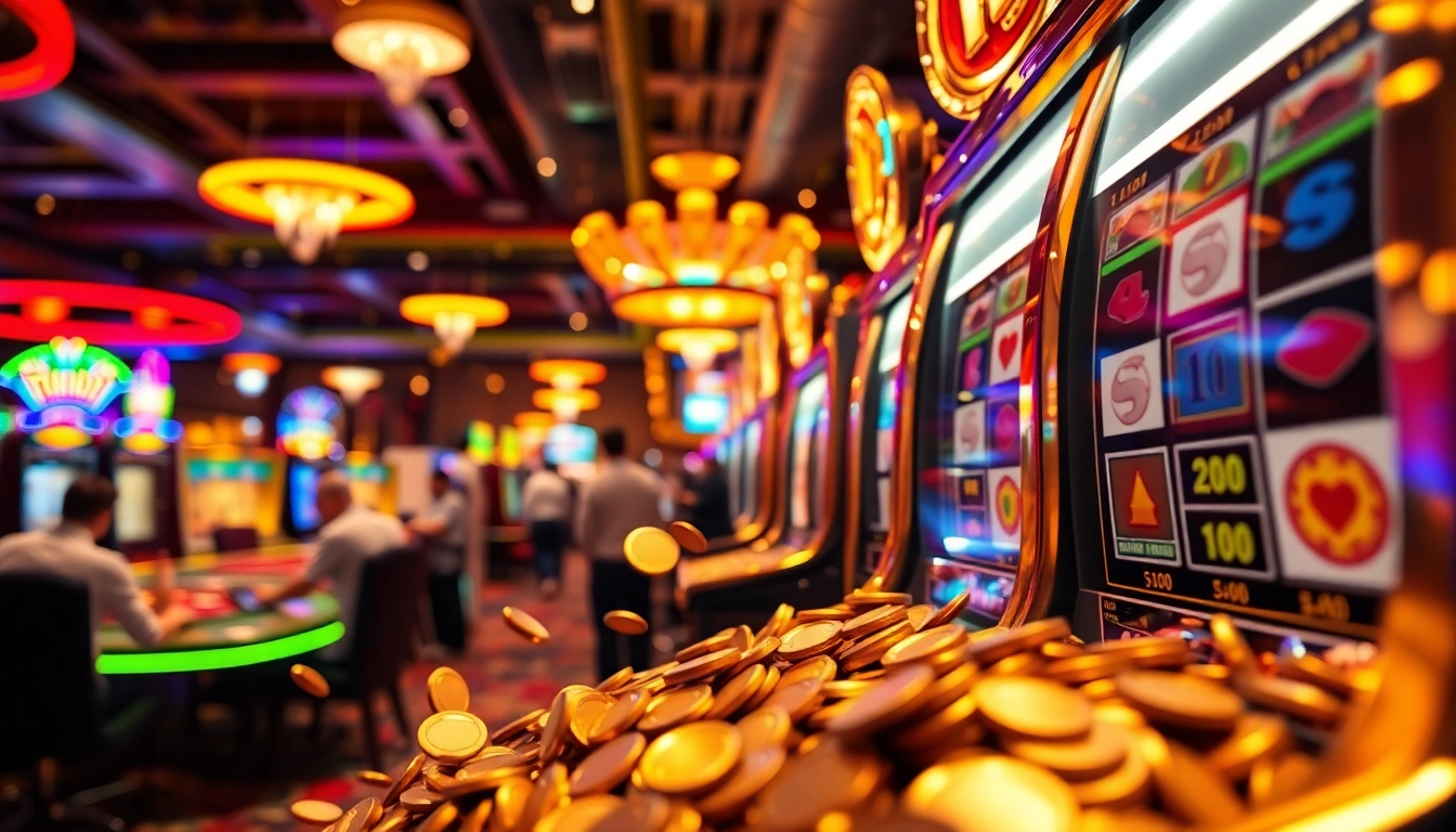 Slot machine yang memikat dengan pemain yang antusias di kasino.