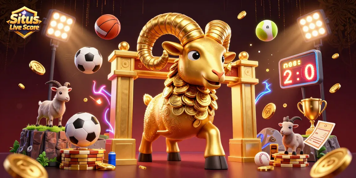 Situs Live Score displays dynamic sports betting action with a golden ram, sports balls, and trophies.
