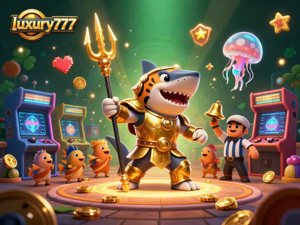 Engage with luxury777 at a vibrant online casino with a dynamic tiger shark and golden arcade elements.