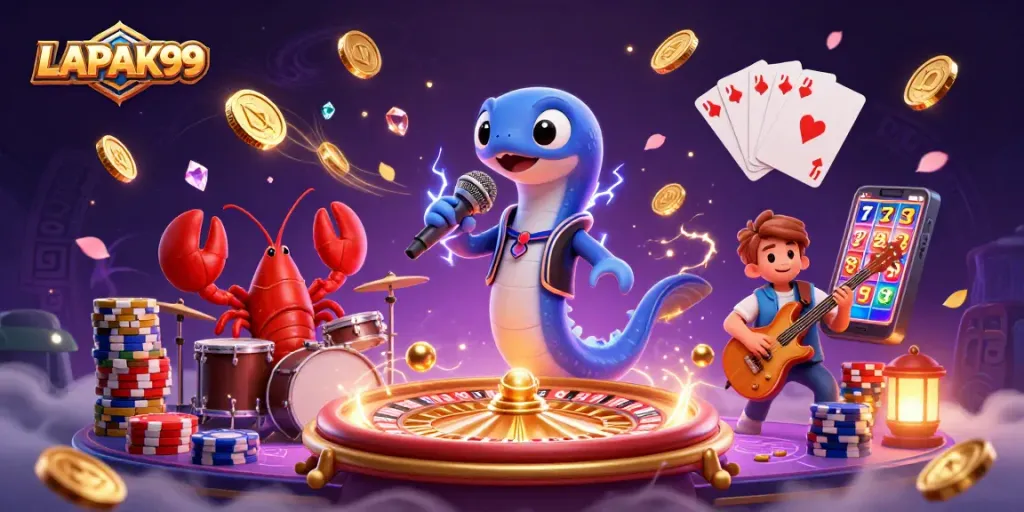 LAPAK99 offers thrilling underwater casino vibes with cartoon characters in a lively DJ performance.