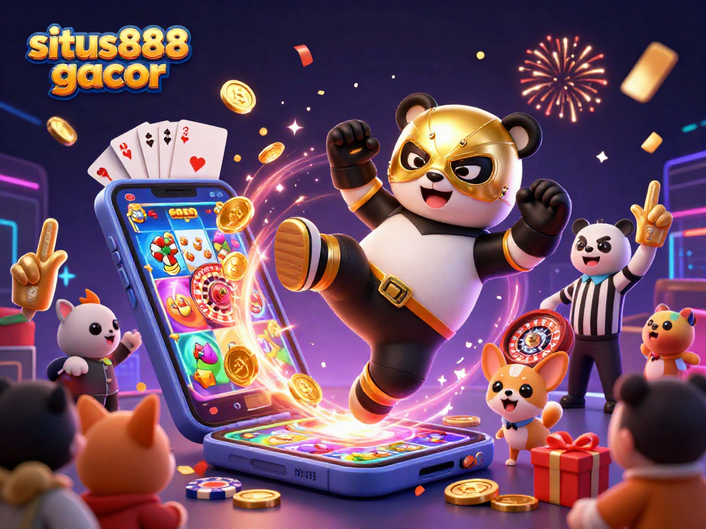 Spin and win at situs888 gacor with vibrant gaming elements in a lively 3D scene.