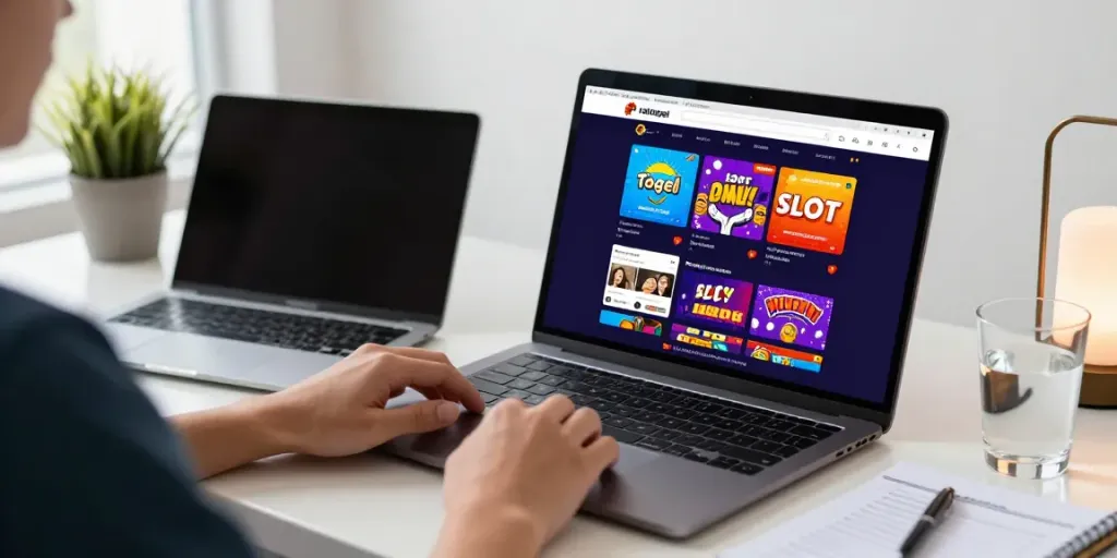 Pengguna aktif di situs ratutogel dengan laptop dan smartphone dalam suasana modern, menampilkan platform perjudian online.