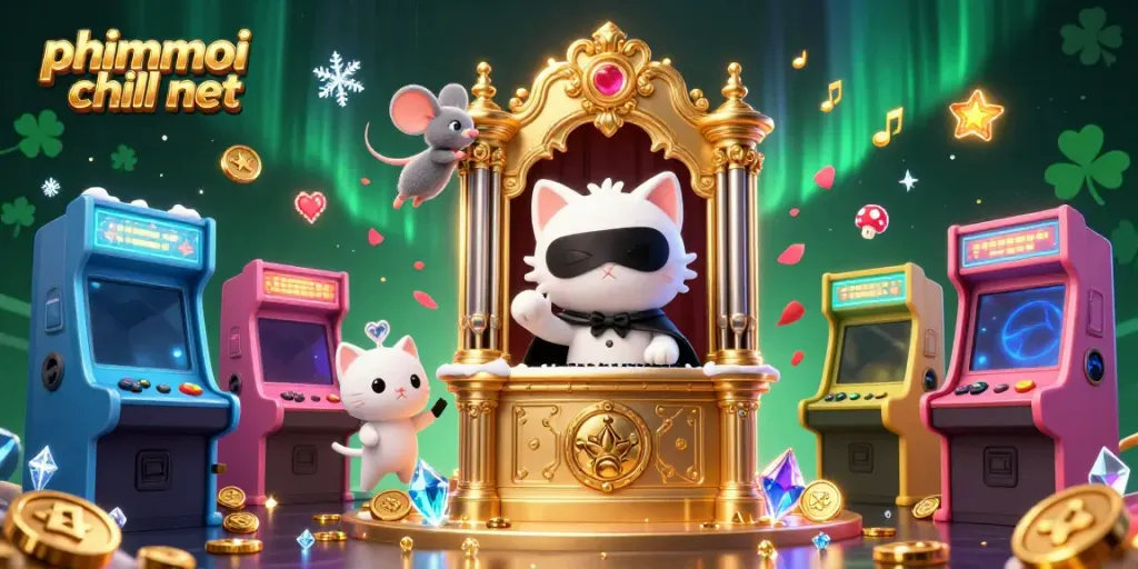 Spin and win with phimmoi chill net, featuring a phantom cat and a mouse acrobat in a casino scene.