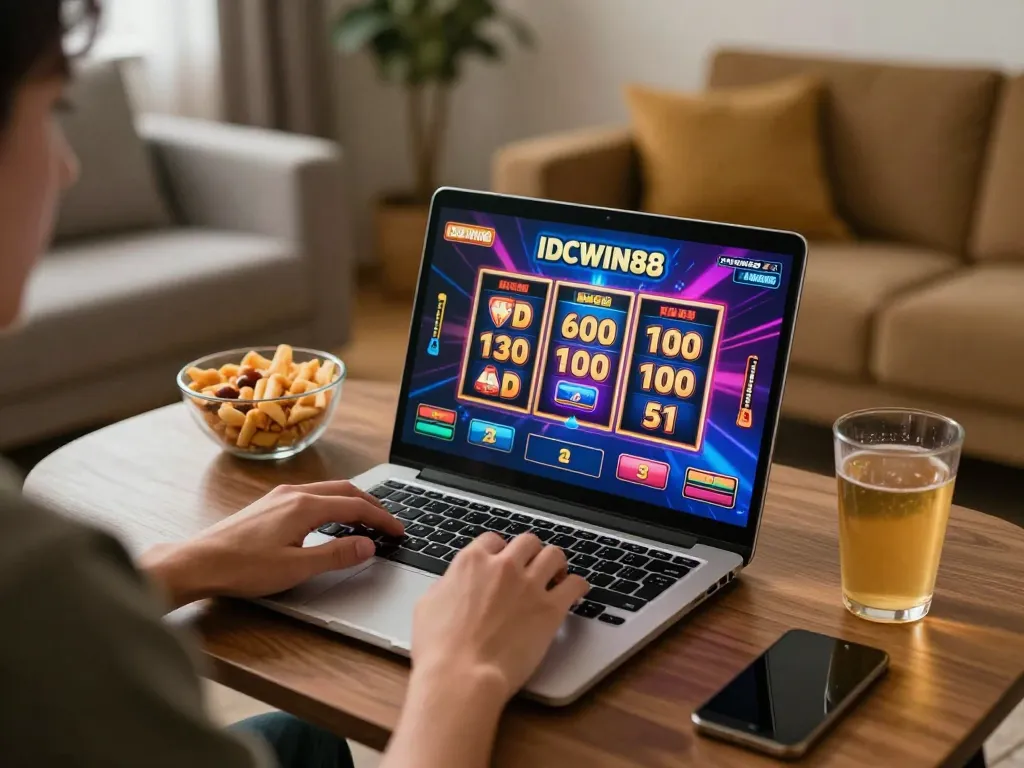 Enjoying IDCWIN88 slot gameplay at home with snacks and cozy setup