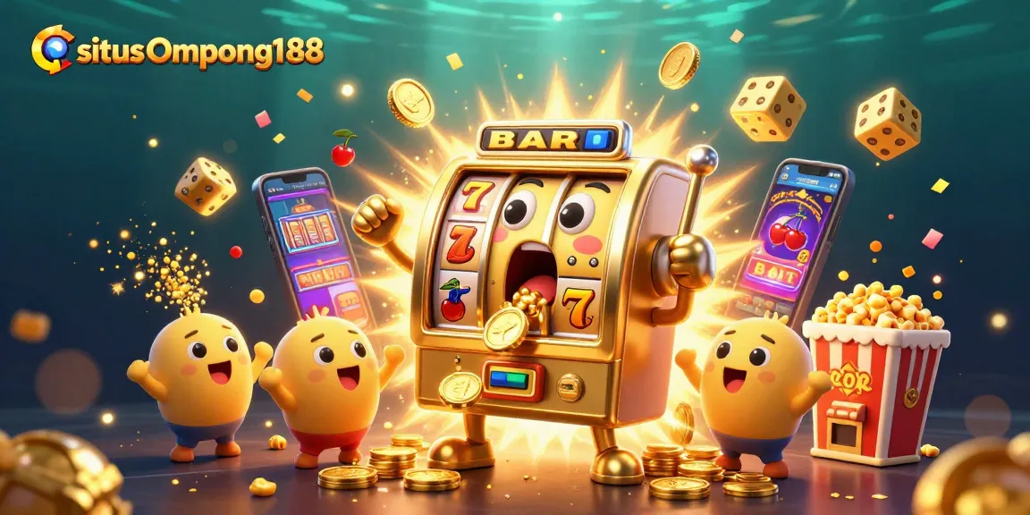 Menyaksikan situs Ompong188 dengan mesin slot emas 3D dan banyak koin berjatuhan saat jackpot terjadi.