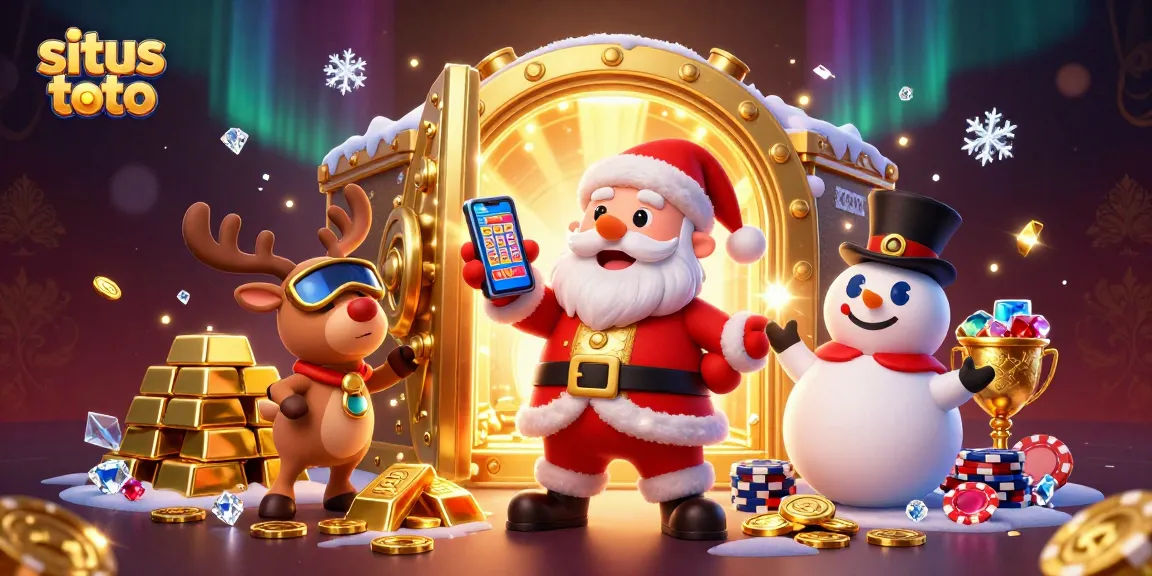 Memenangkan jackpot di situs toto dengan Santa Claus, rusa, dan manusia salju dalam kasino mewah.