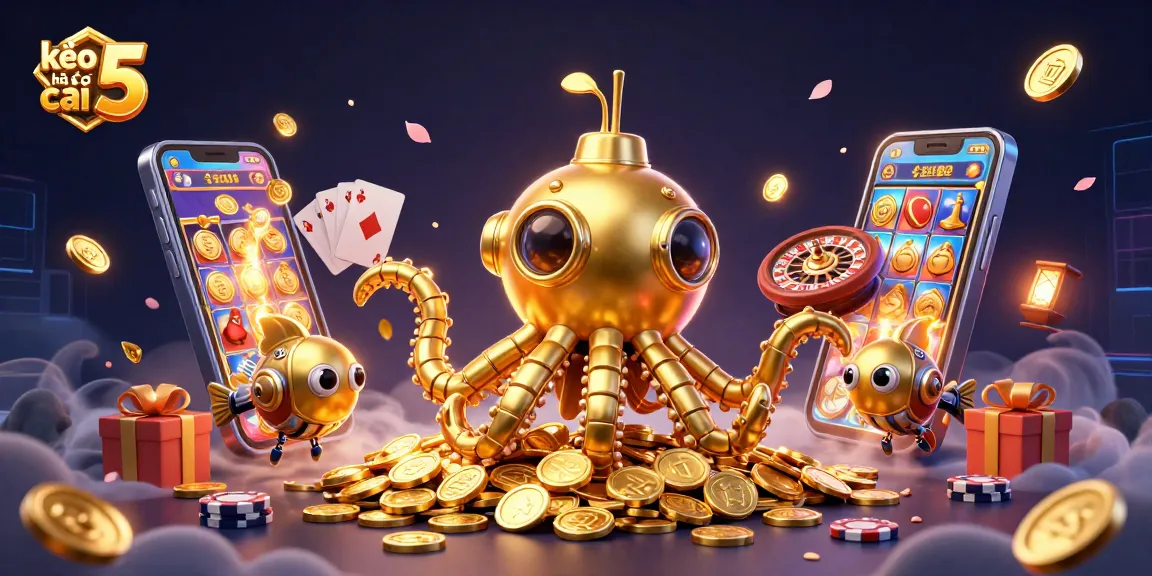 Engage with kèo nhà cái 5 in a vibrant 3D illustration featuring gaming elements and golden treasure.