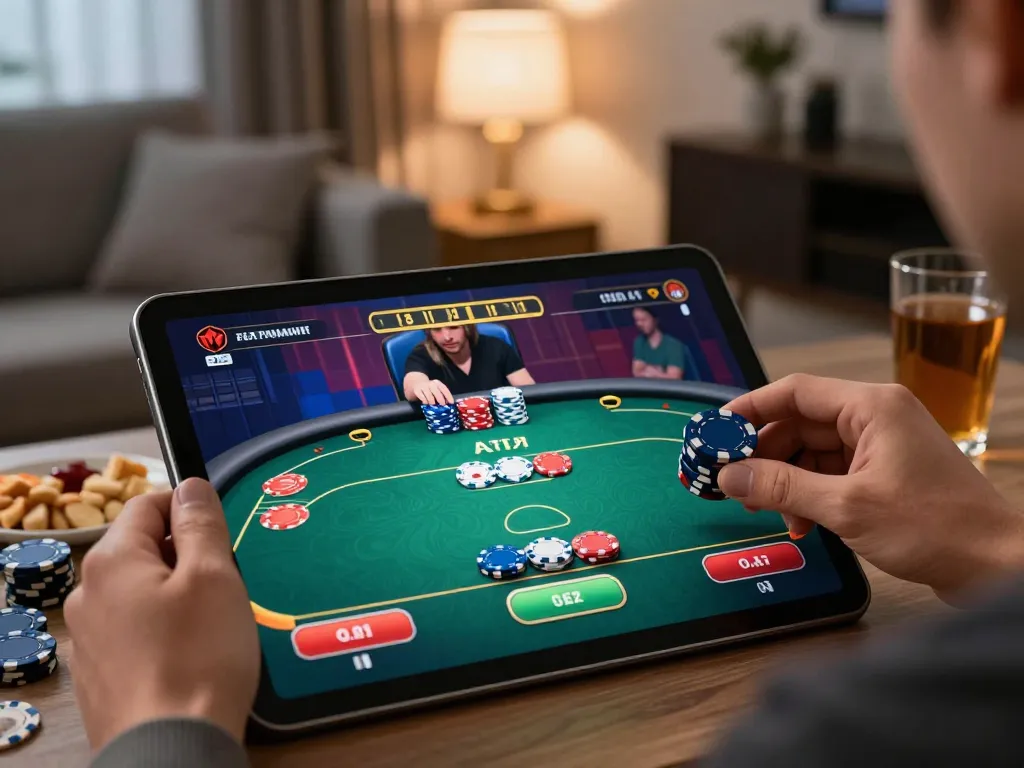 Pemain HOKI368 menikmati permainan poker yang mendebarkan di tablet dalam suasana rumah yang nyaman.