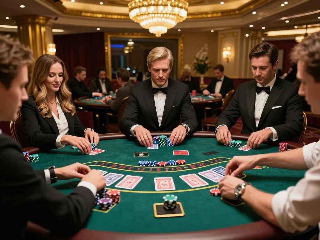 login sepuhplay at baccarat table with players placing bets and cards being dealt in upscale casino setting