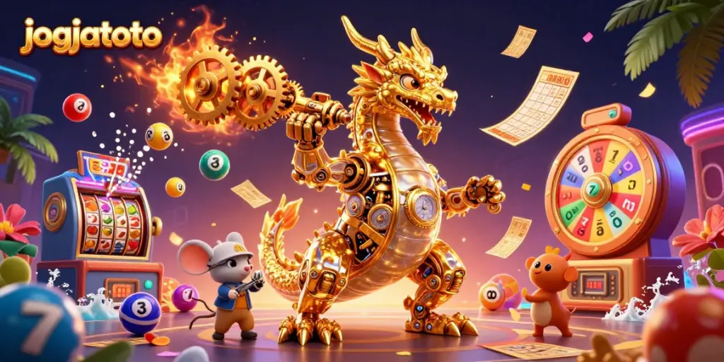 Engage with the jogjatoto gaming experience featuring a golden dragon surrounded by vibrant lottery elements.