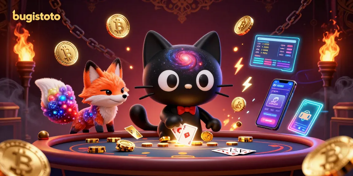 Experience unique gameplay with bugistoto at a dynamic casino scene with vibrant characters and cryptos.
