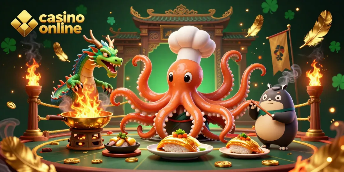 A dynamic casino online scene featuring a sushi chef octopus and companions in a richly detailed environment.