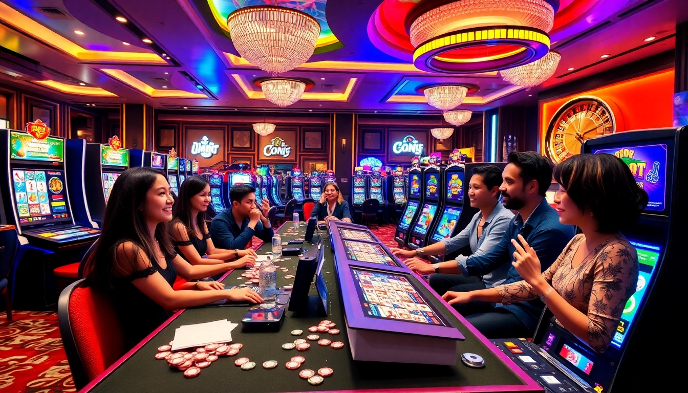 Players enjoying a slot demo experience with PG Soft Mahjong Ways and vibrant casino ambiance.