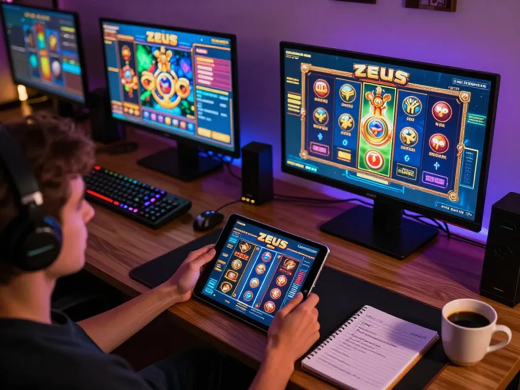 Player enjoying zeus slot on a tablet, vibrant online gaming atmosphere with multiple screens.