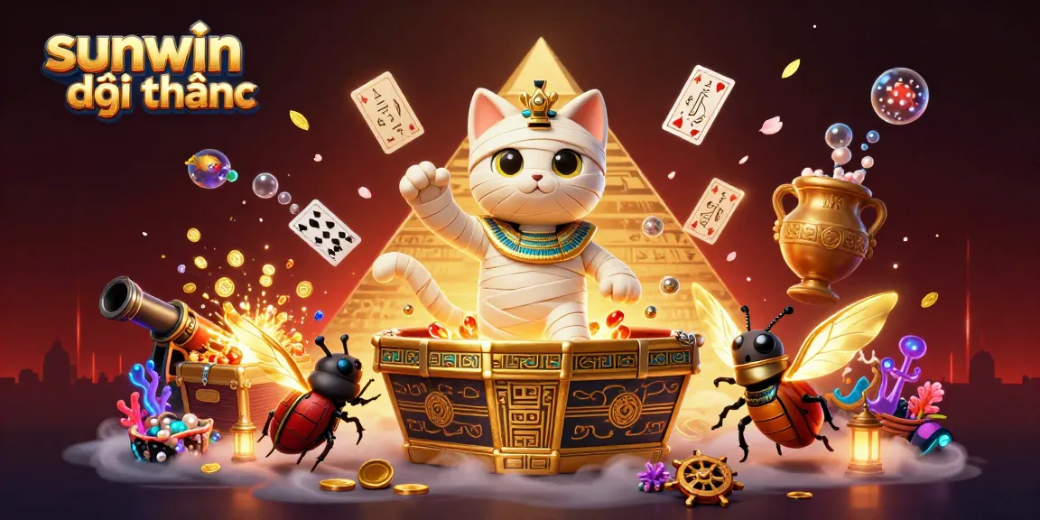 Win big with sunwin đổi thưởng in a vibrant, action-packed 3D casino scene featuring a mummy cat.