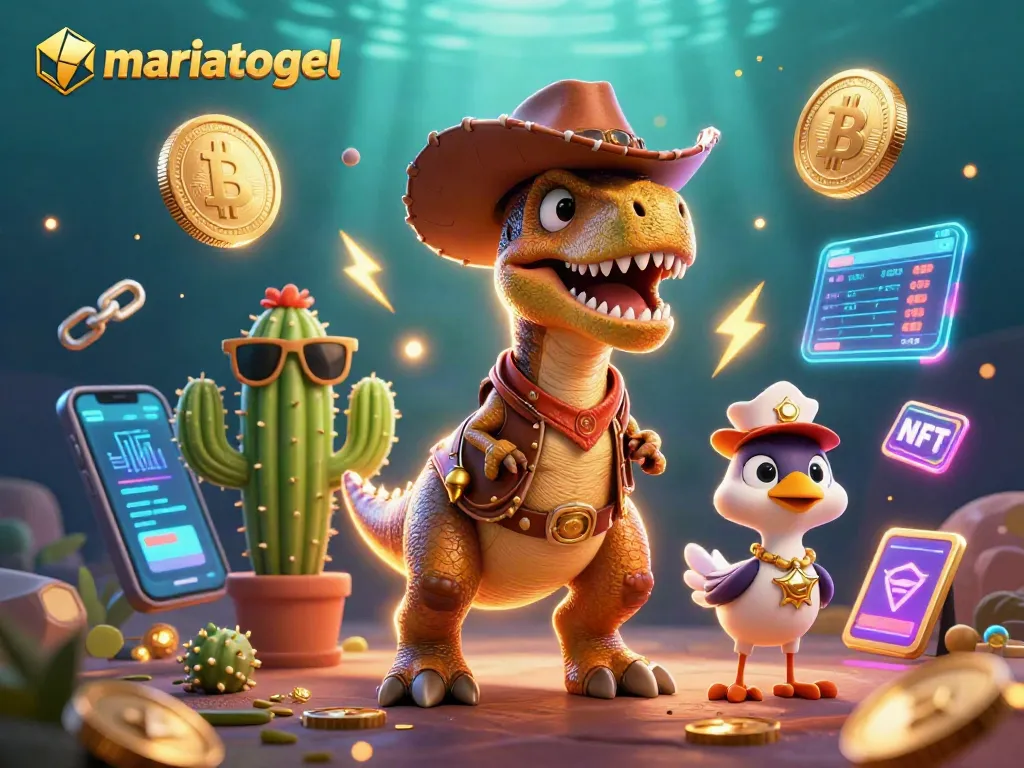 Engage with mariatogel's thrilling 3D scene featuring vivid characters and cryptocurrency elements.