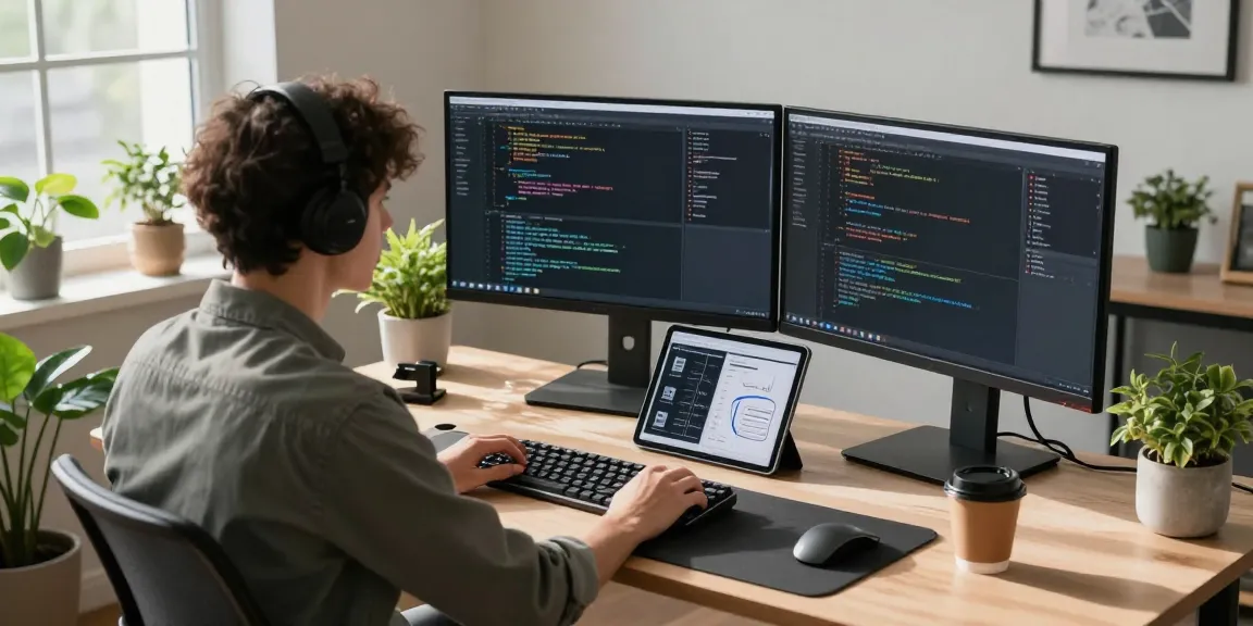 Pengembang SGA33 bekerja di meja kerja modern dengan monitor ganda menampilkan kode, suasana produktif dan inovatif.
