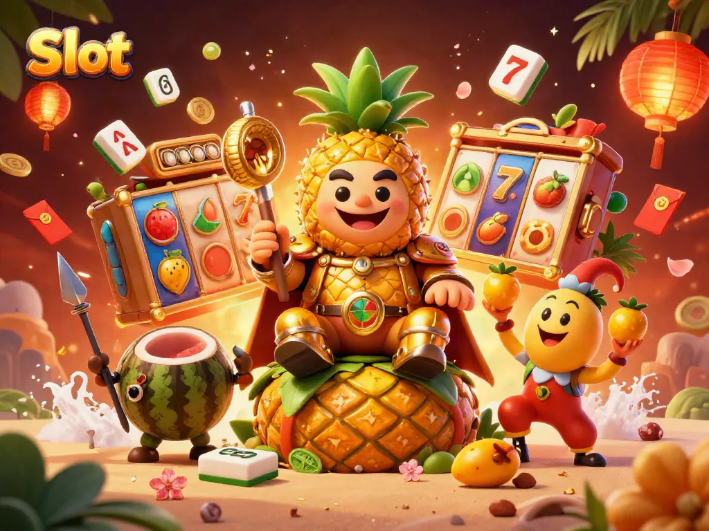 Putar Slot menarik dengan raja nanas emas dan karakter kasino lainnya.