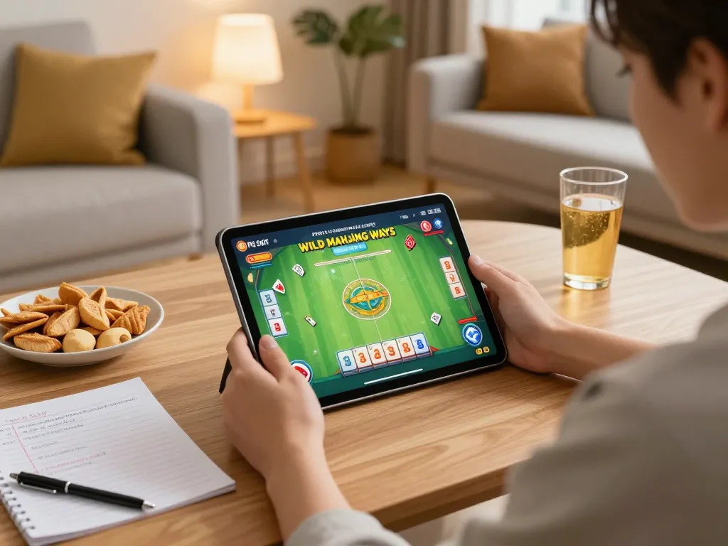 IDNSCORE player enjoying PG Soft Wild Mahjong Ways in their cozy living room setting, showcasing engaging online gaming