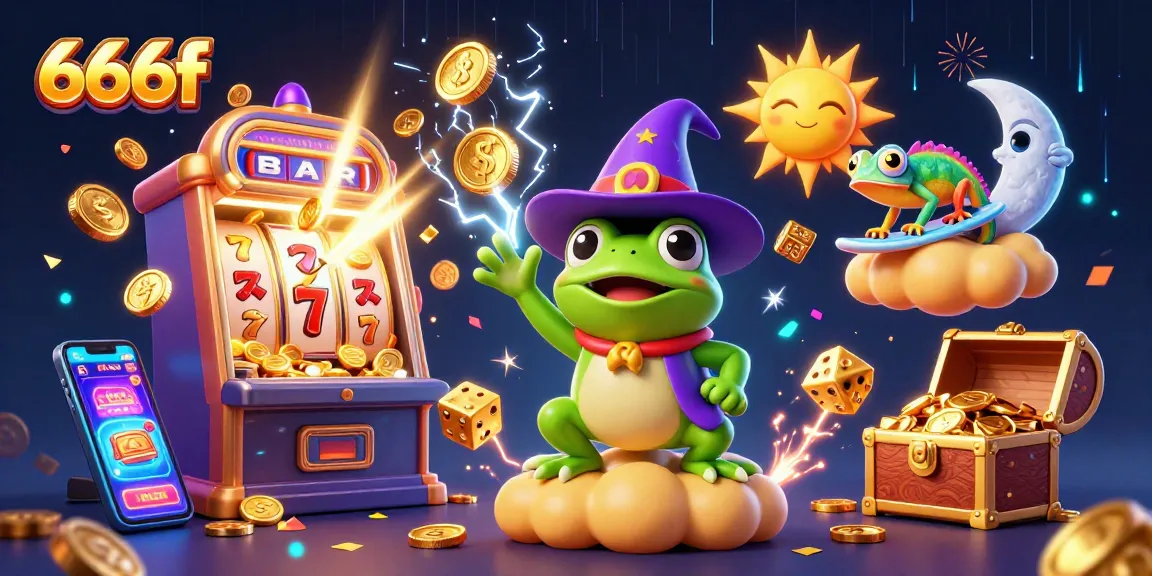 Experience thrilling gameplay at 666f with a vibrant scene of a weather wizard frog and a chameleon amid golden coins and casino elements.