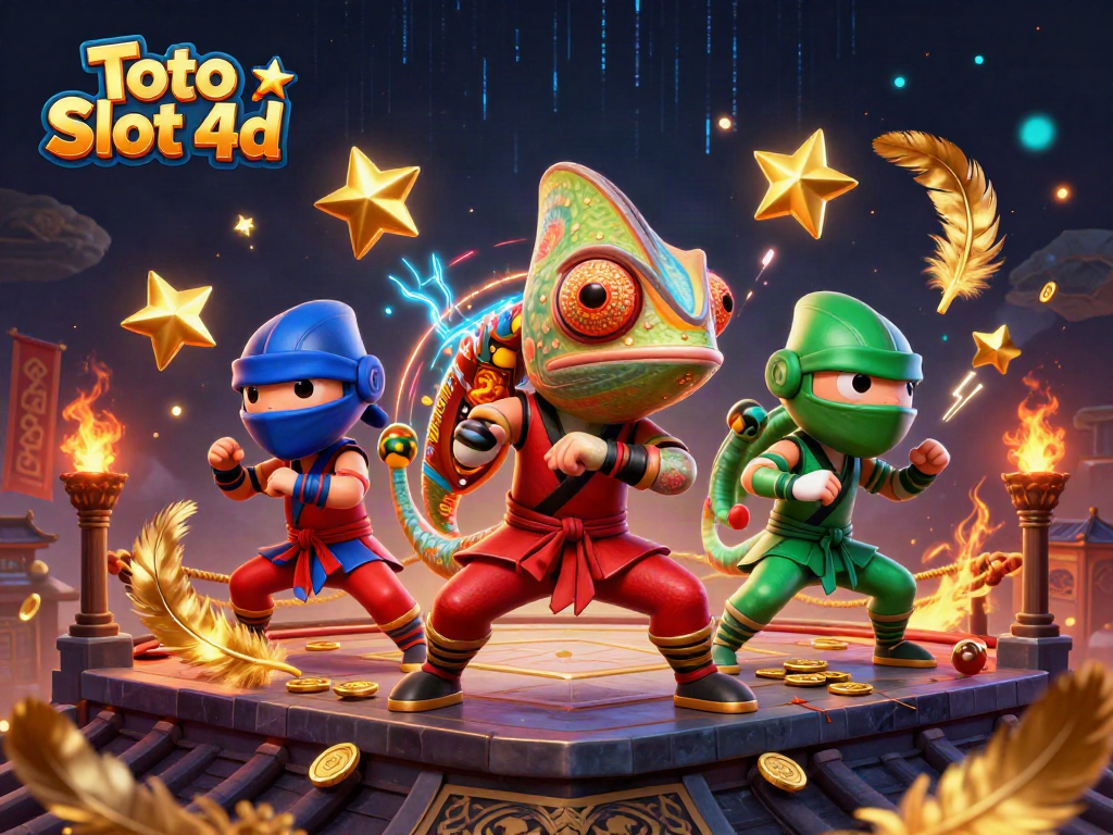 Menguasai strategi Toto Slot 4d dengan chameleon ninja beraksi di arena bertema kasino yang penuh warna.