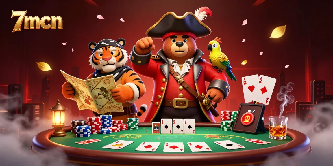 Engage in thrilling poker challenges at 7mcn with the dynamic scene featuring a pirate bear and tiger!