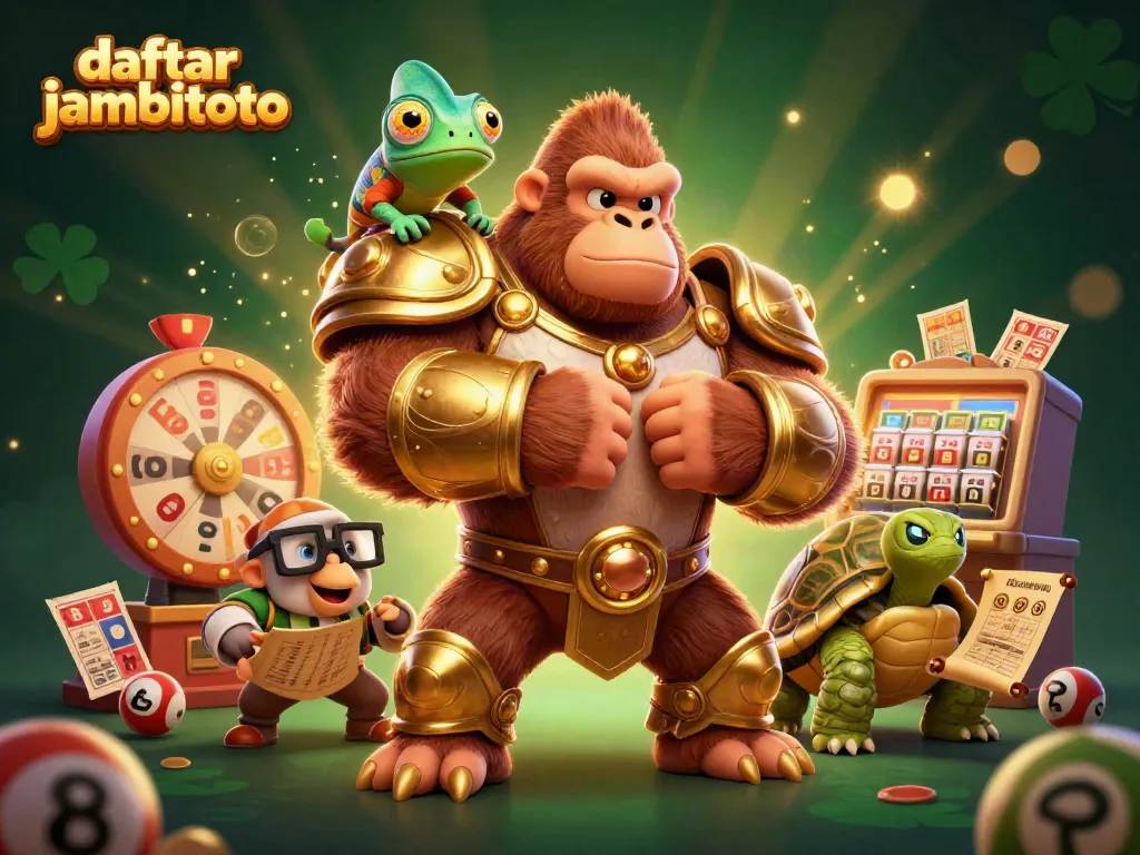 Engage with daftar jambitoto in a lively lottery scene featuring a gorilla king and a tortoise elder.