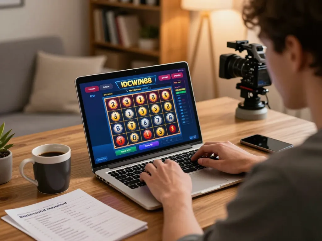 Engaging player using IDCWIN88 slots app on laptop in cozy home setting, showcasing excitement and strategy.